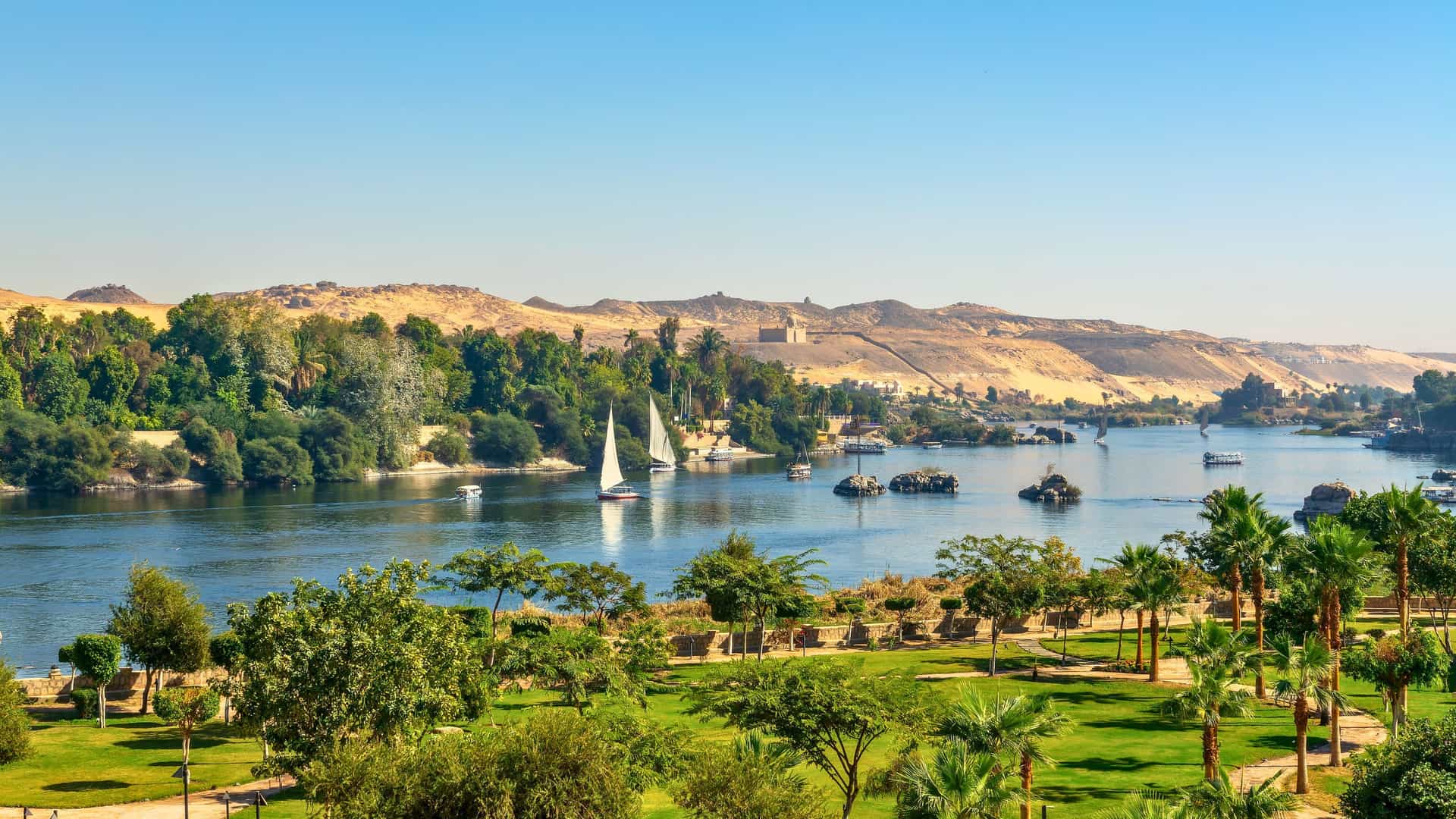 Holland America Cruise Experience: Aerial view of feluccas sailing Egypt's Nile in Aswan, with lush banks and desert hills under clear sky.