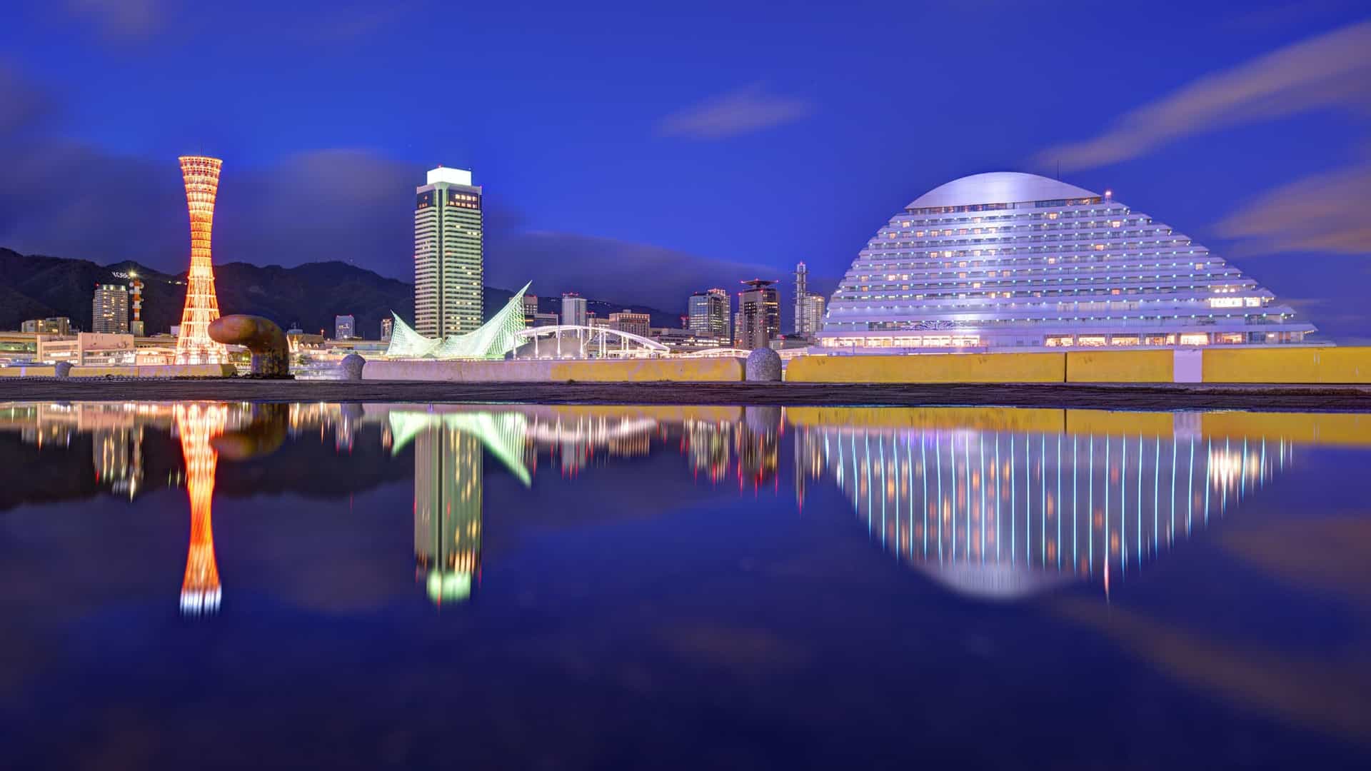 Kobe cityscape with port tower at night.