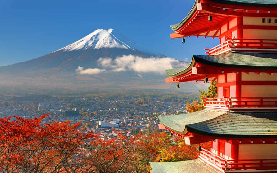 Mt. Fuji viewed from behind Chureito pagoda in Japan.