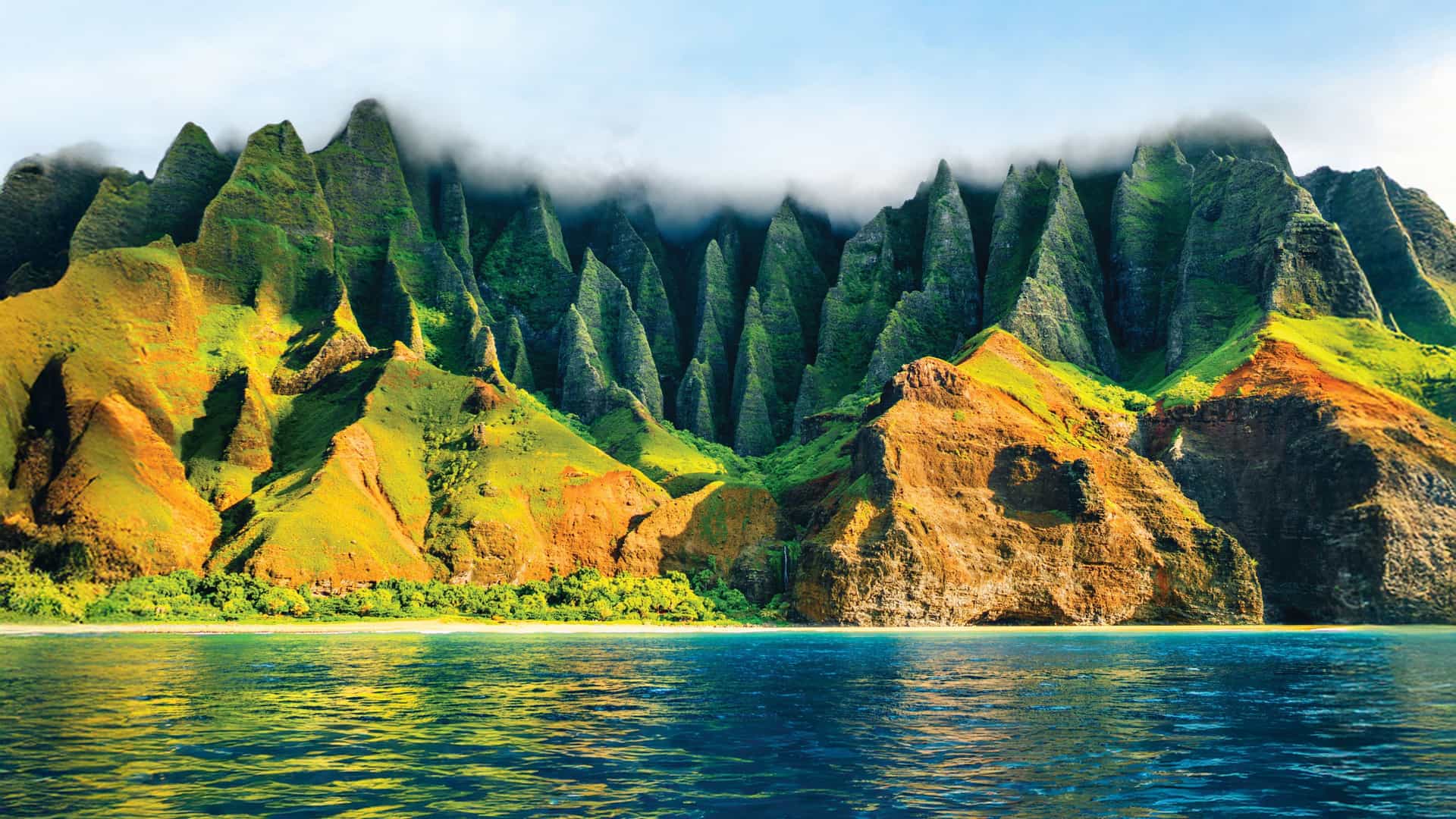 Na Pali Coast, Kauai, Hawaii, with cliffs and ocean, often seen on a Holland America Line cruise.