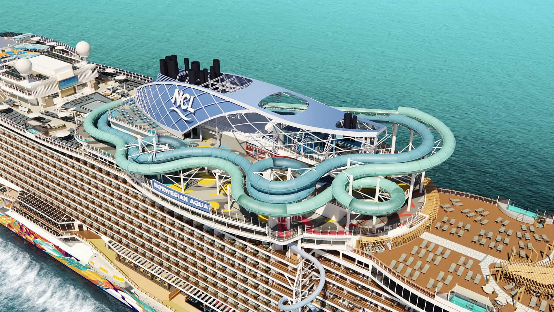An aerial view of the new hybrid coaster and water slide, called "Aqua Slide Coaster", aboard Norwegian Aqua.