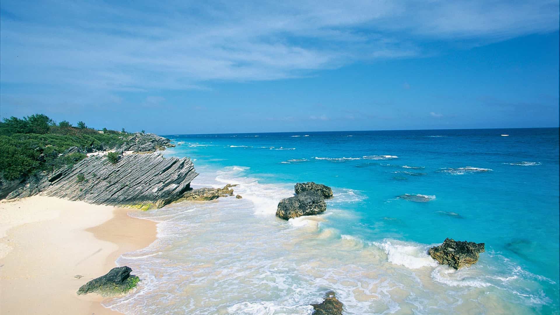 Norwegian Cruise Line guests enjoying the pristine white sands and turquoise waters of Bermuda's South Shore beaches.