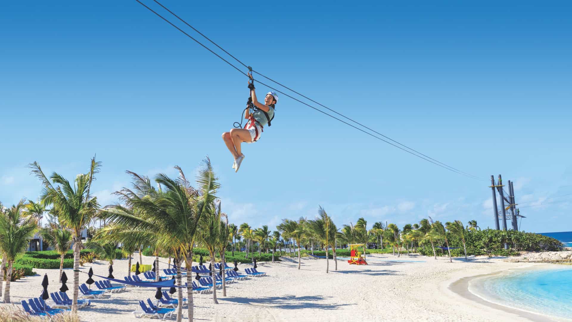 Experience the thrilling zip line adventure over the white-sand beaches of Norwegian Cruise Line's private island, Great Stirrup Cay, in the Bahamas.