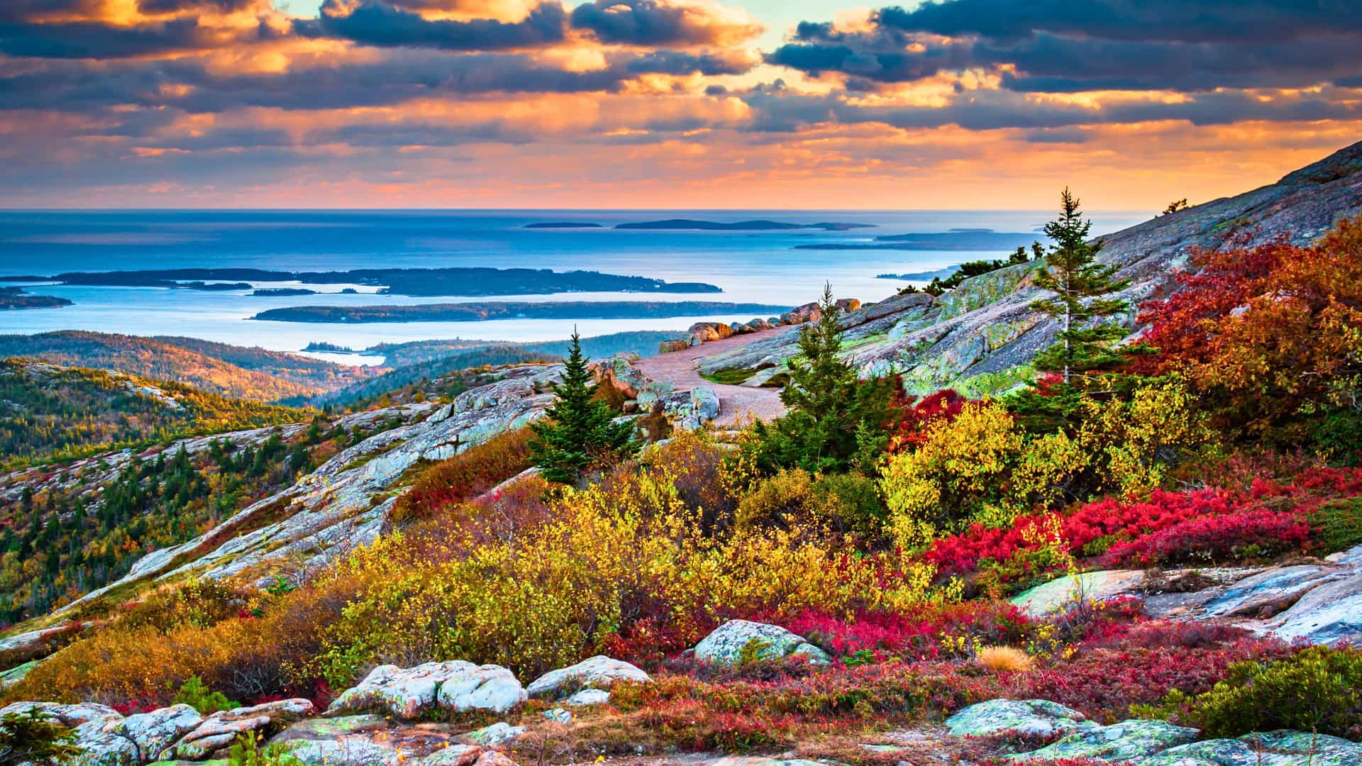A scenic view of the vibrant fall foliage and rocky coastline in Acadia National Park near Bar Harbor, Maine, a popular port of call on an Oceania cruise to Canada and New England.
