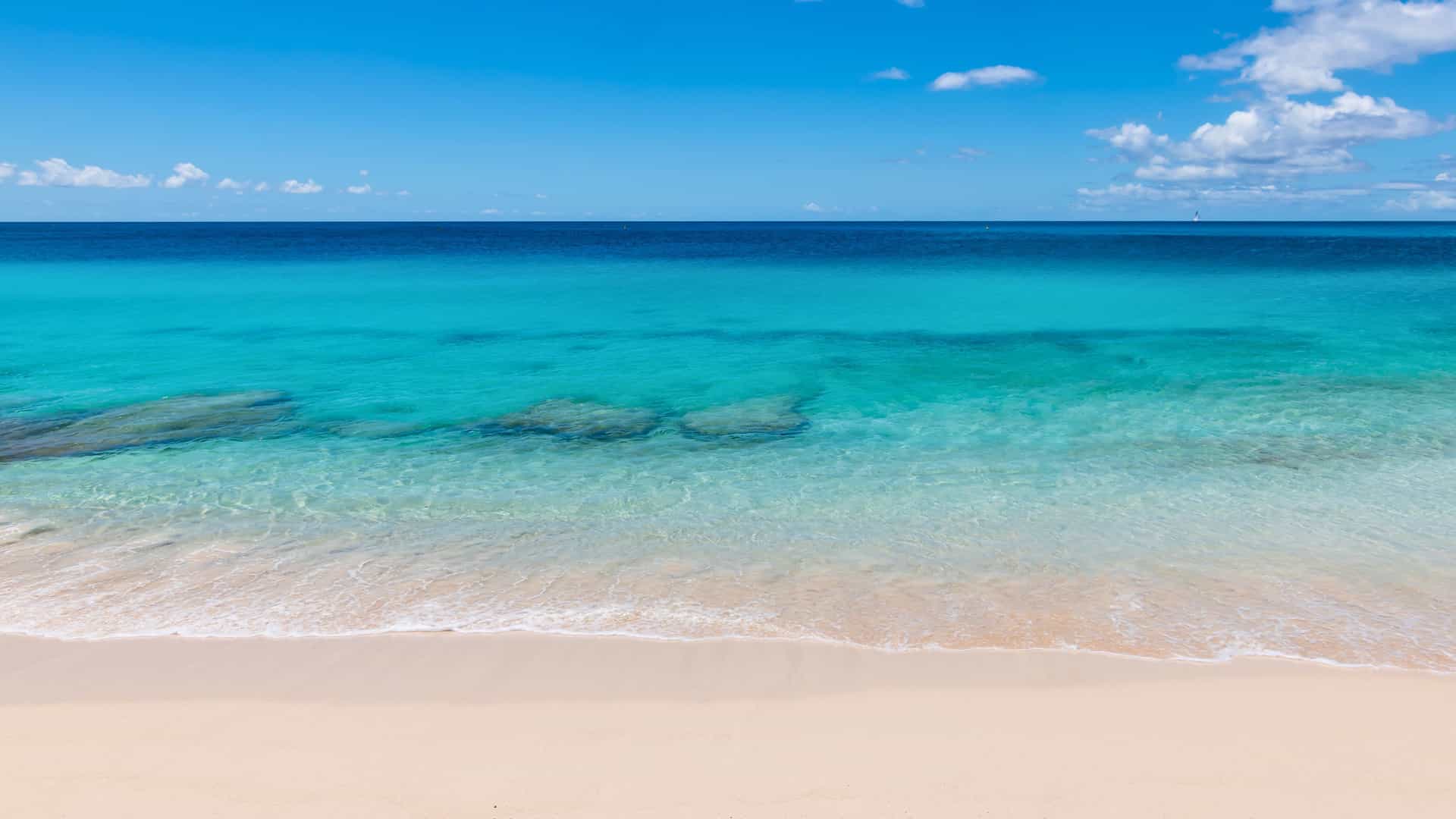 A serene view of a pristine white sand beach with clear turquoise water in the Eastern Caribbean, a perfect setting for an Oceania cruise.