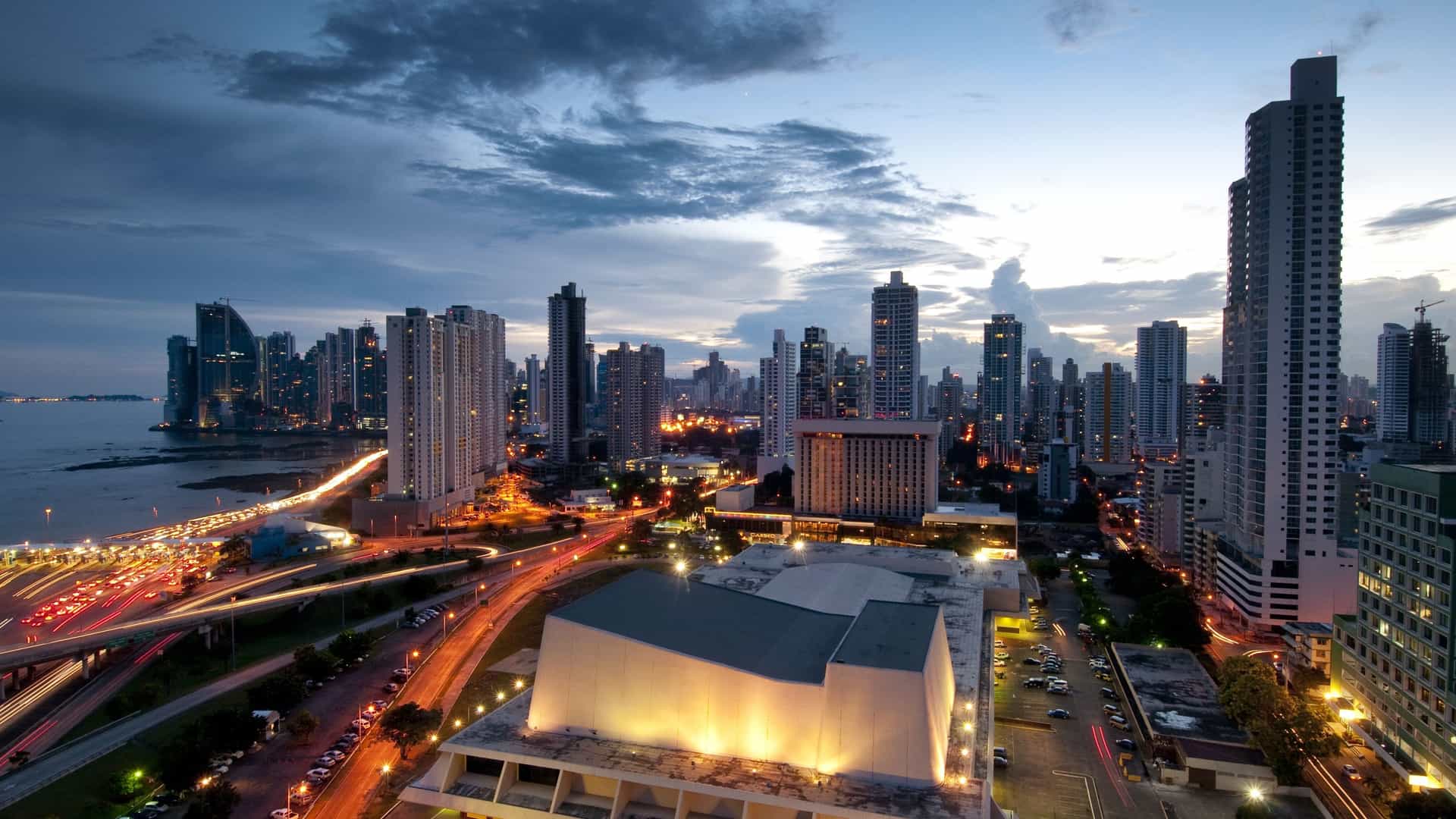 Modern Panama City skyline with skyscrapers.