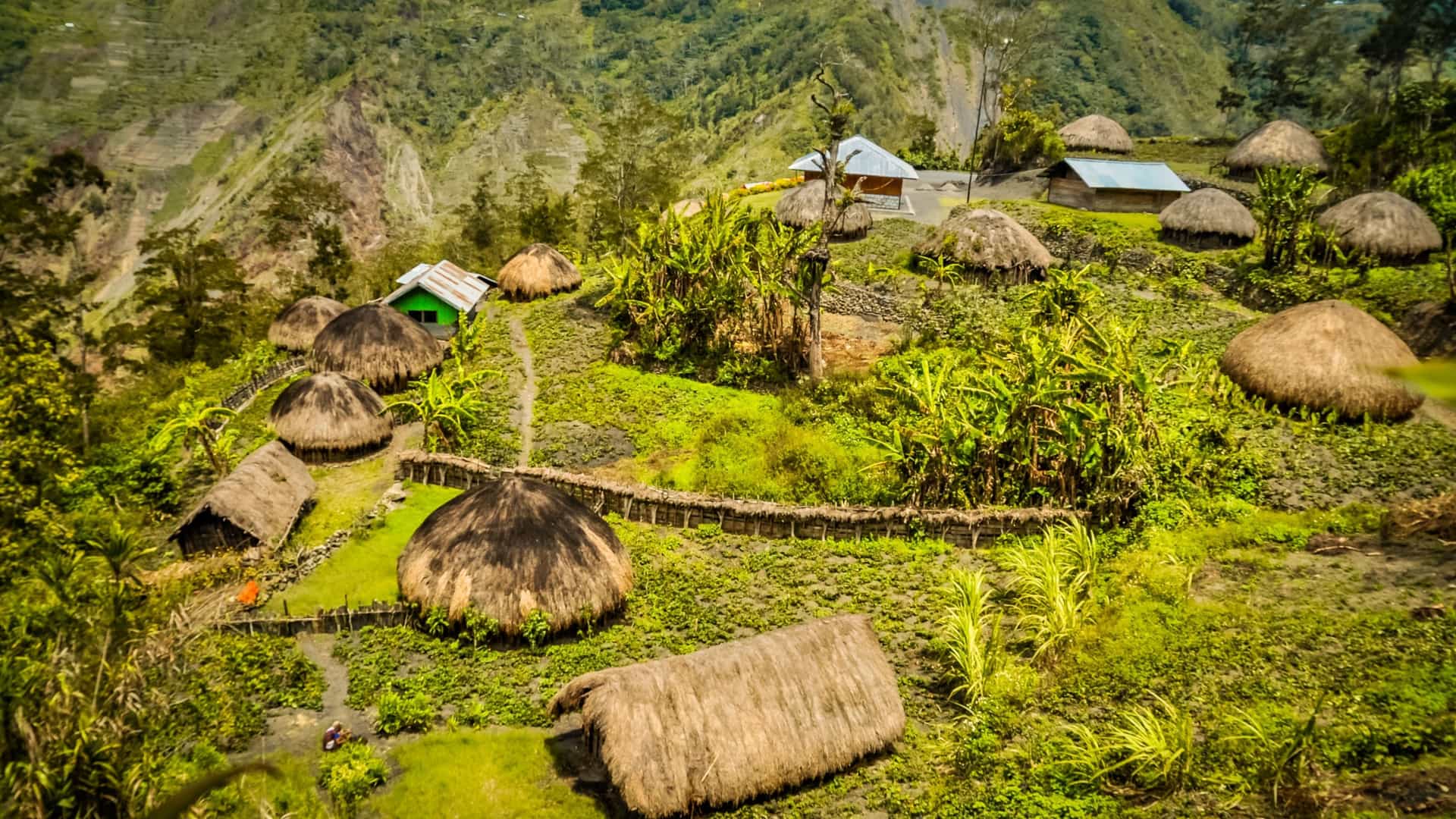 A remote village in Aisandami, Papua, featuring traditional round huts with thatched roofs and a lush, mountainous landscape.