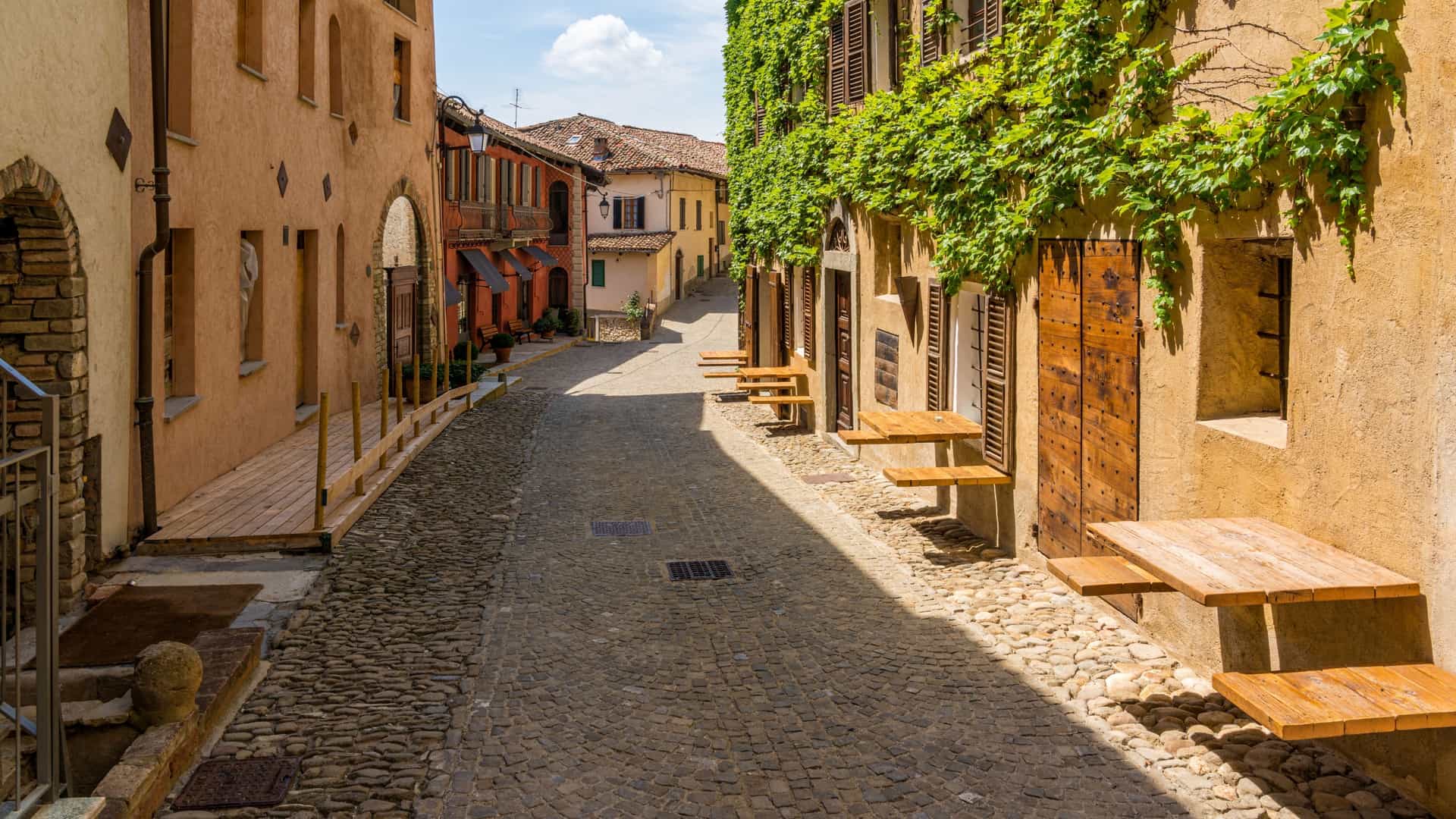 A sunlit cobblestone street in Alba, Italy, features historic buildings with closed wooden shutters, one covered in bright green ivy.