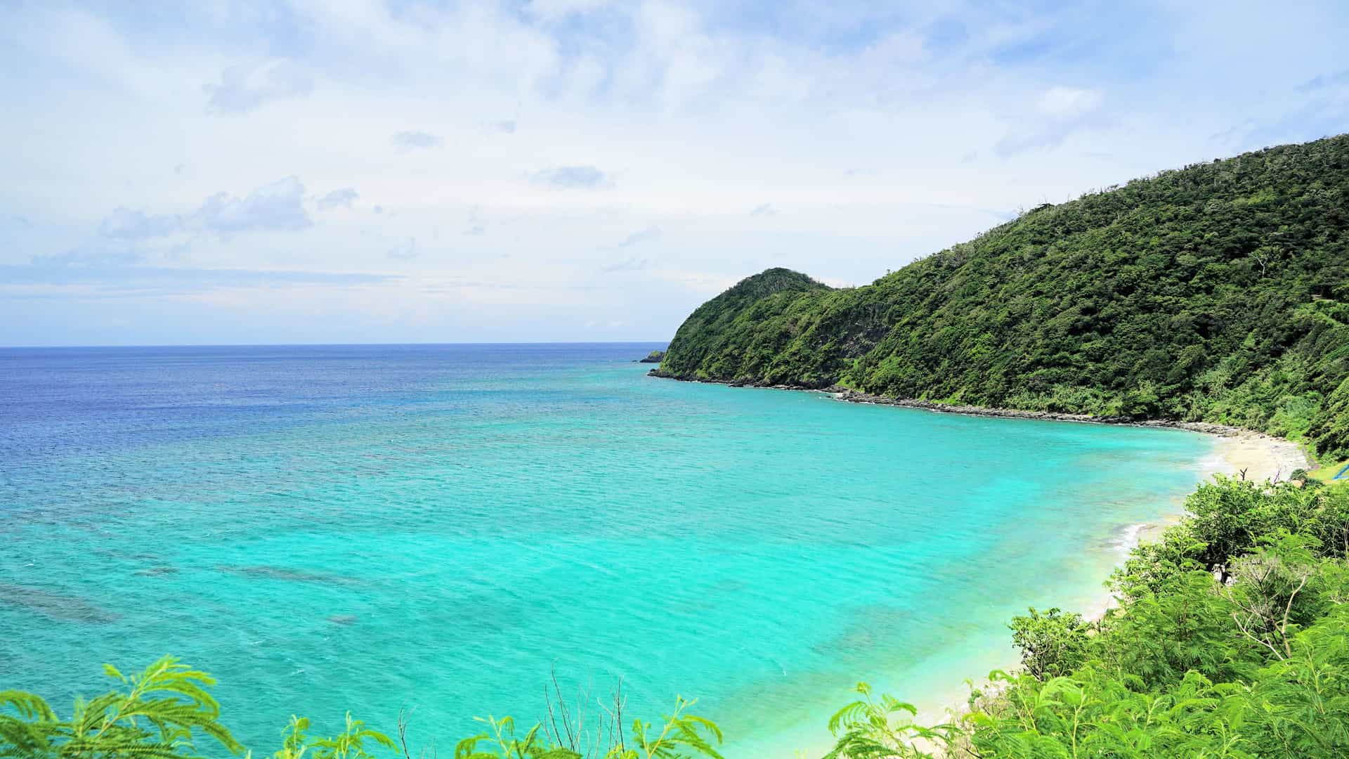 A panoramic view of Amami Island's stunning coastline with a lush, green mountain and a secluded white sand beach, met by the crystal-clear turquoise waters of the Pacific Ocean.