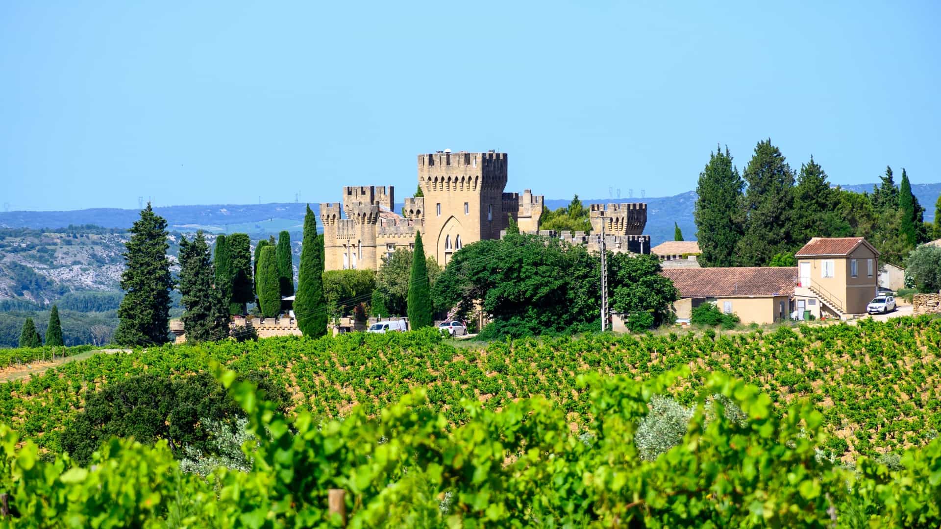 An image of the Château de Châteauneuf-du-Pape, France, features the ruins of a medieval castle, characterized by its crenellated walls and towers, rising above lush green vineyards under a clear blue sky.