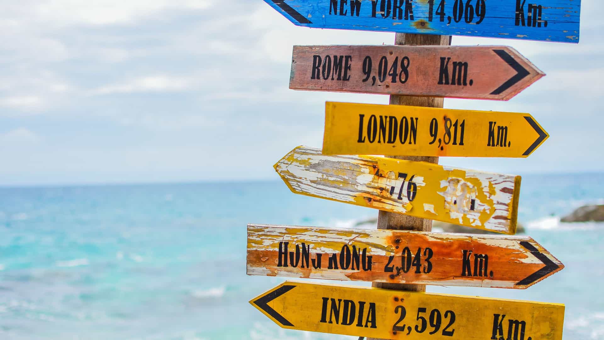 A vibrant wooden signpost on the shore with colorful arrows pointing to different international cities and their distances, symbolizing travel and the International Date Line.
