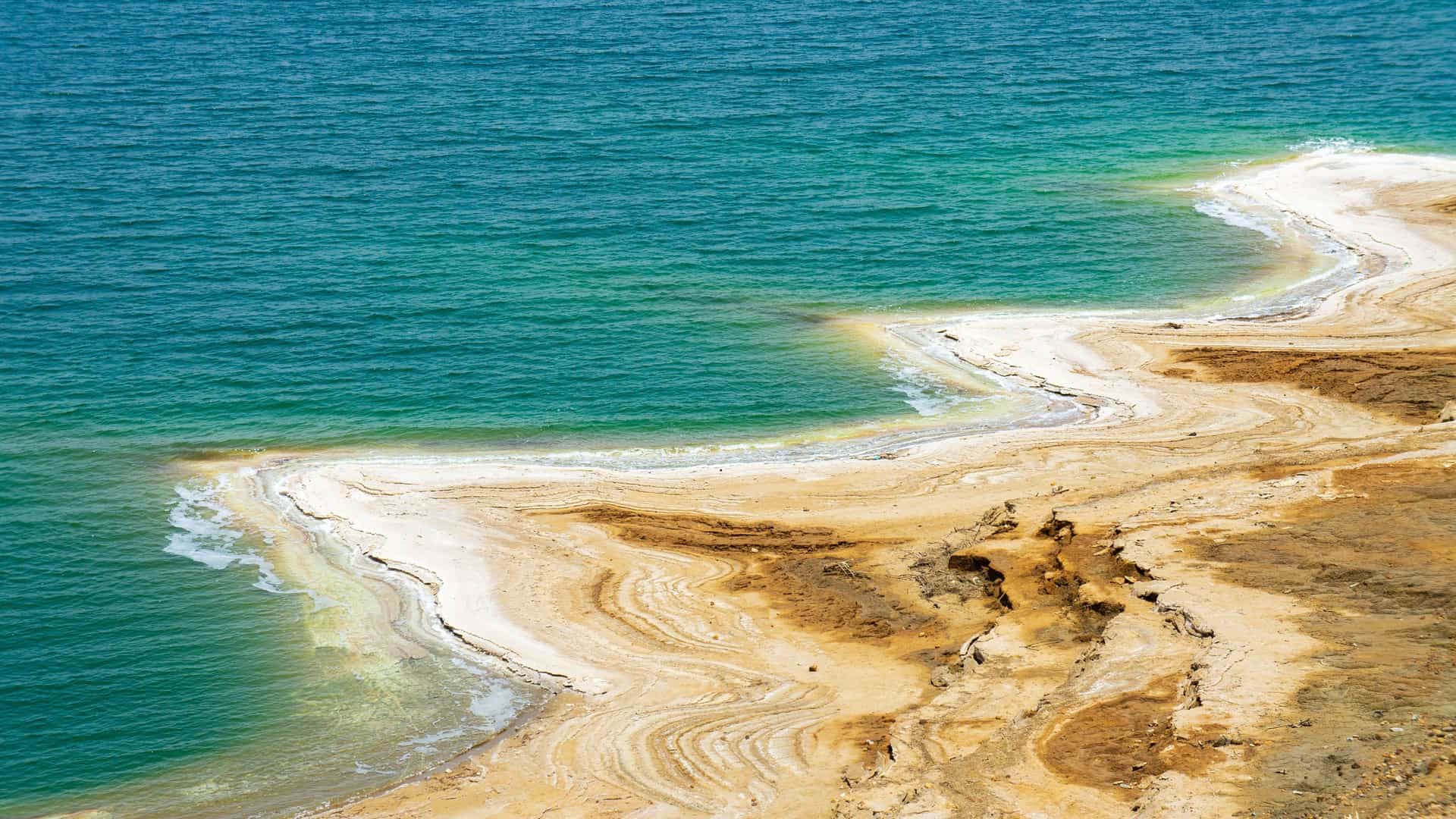 A high-angle view of the Dead Sea shoreline, showing the vibrant turquoise water meeting the unique white salt and mineral formations.