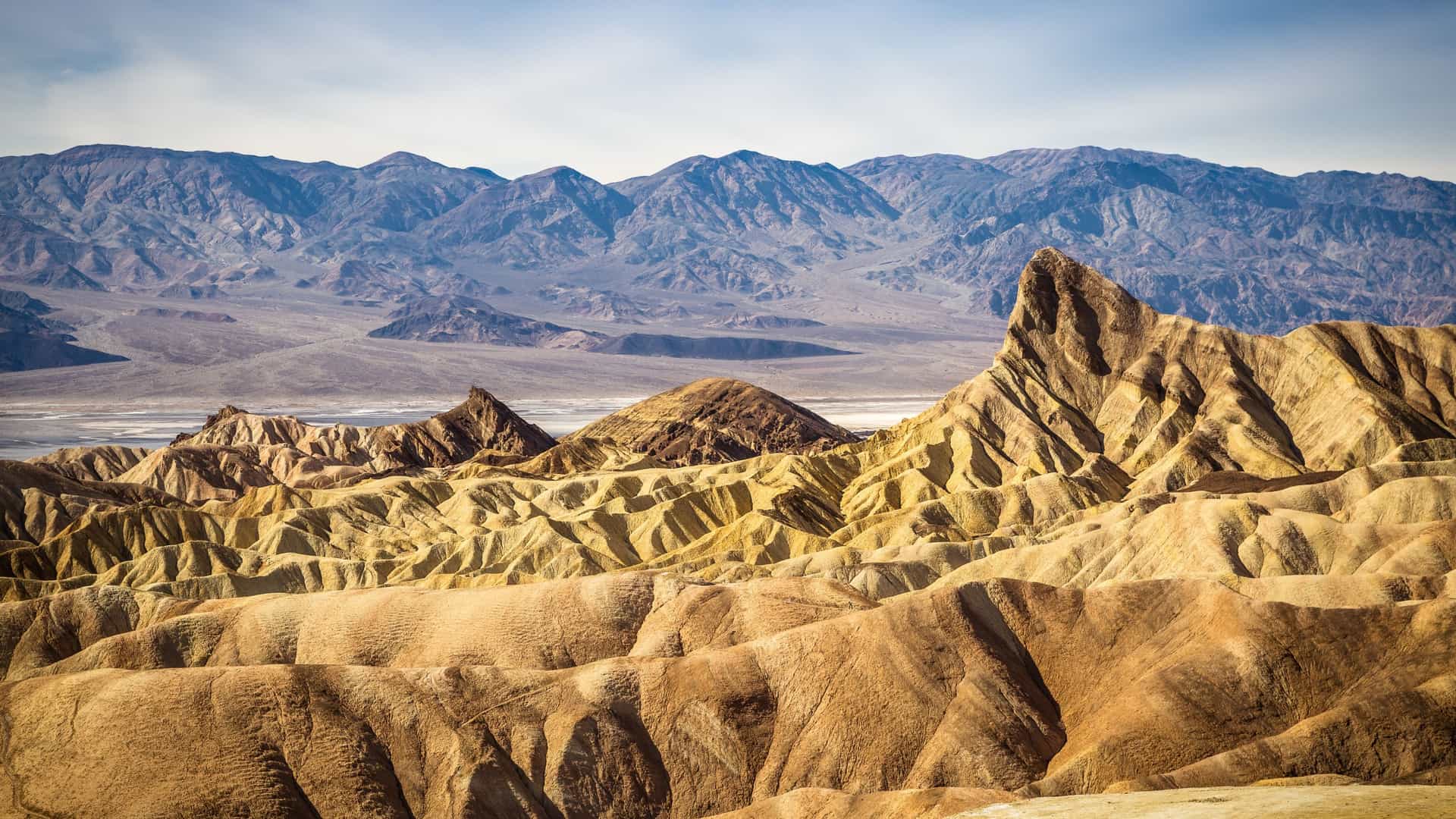 Erosion-carved Zabriskie Point badlands in Death Valley National Park, California. Golden ridges contrast with the purple Amargosa Range mountains.
