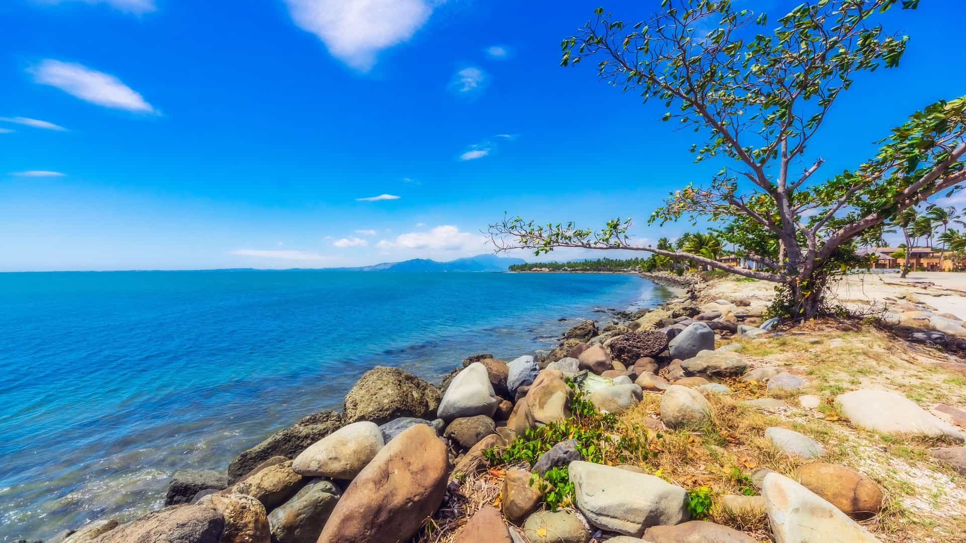 A scenic view of the rocky coastline at Denarau, Fiji, with deep blue tropical water and lush trees under a clear sunny sky.