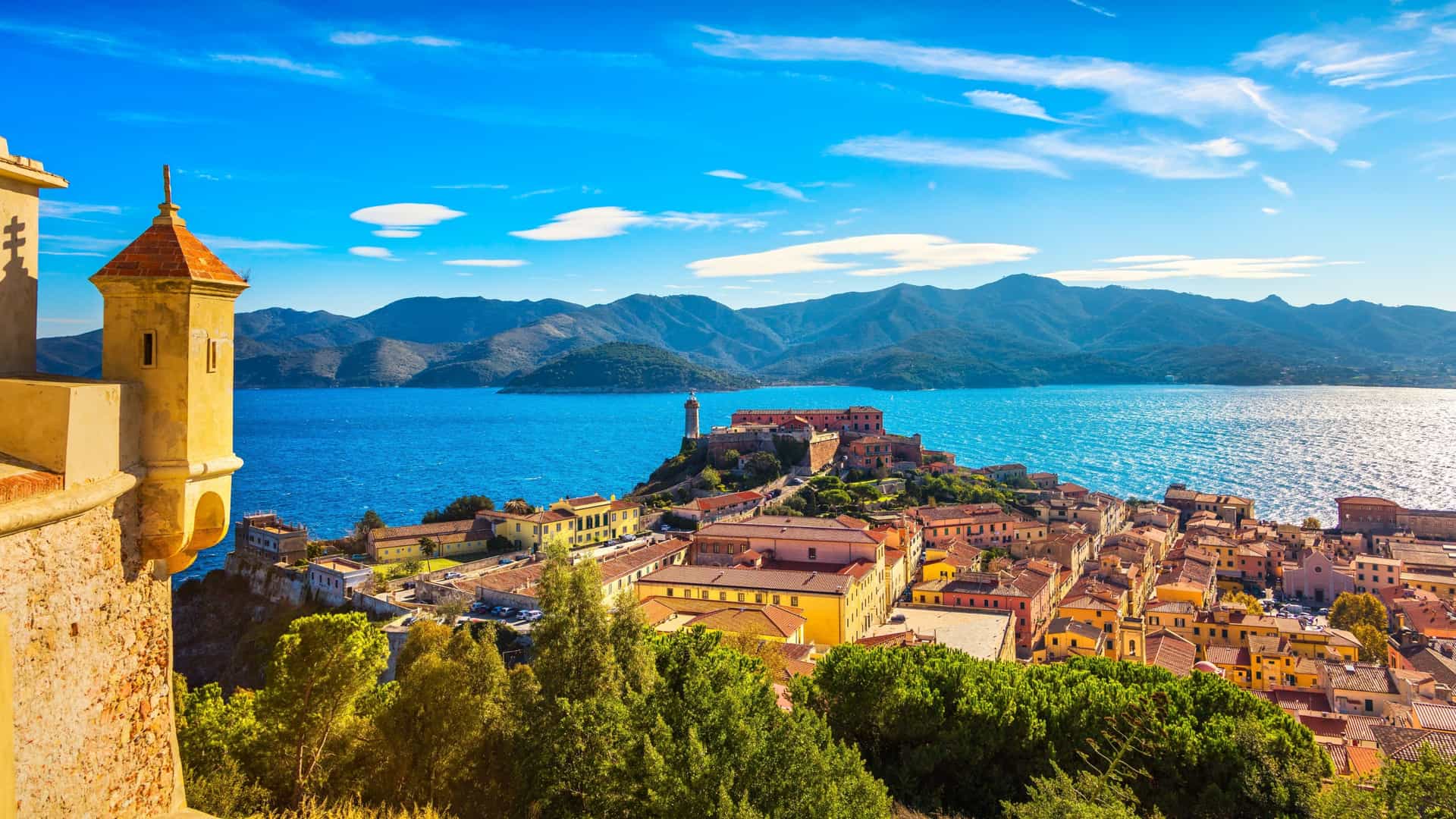 Panoramic view of Portoferraio harbor town on Elba Island, Tuscany, Italy. Includes the Medici Fortifications and the Tyrrhenian Sea.