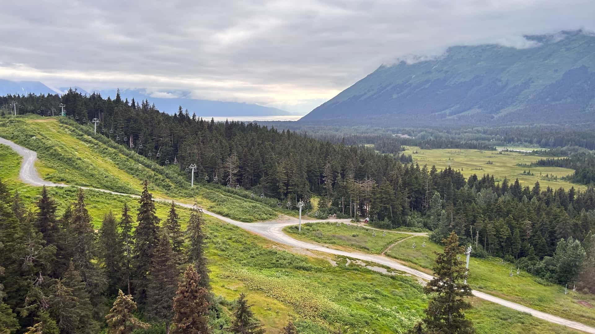 "A high-angle view of the scenic landscape of Girdwood, Alaska, with ski slopes covered in green grass in the foreground, and a dense forest leading to a wide river valley with mountains shrouded in mist.  "