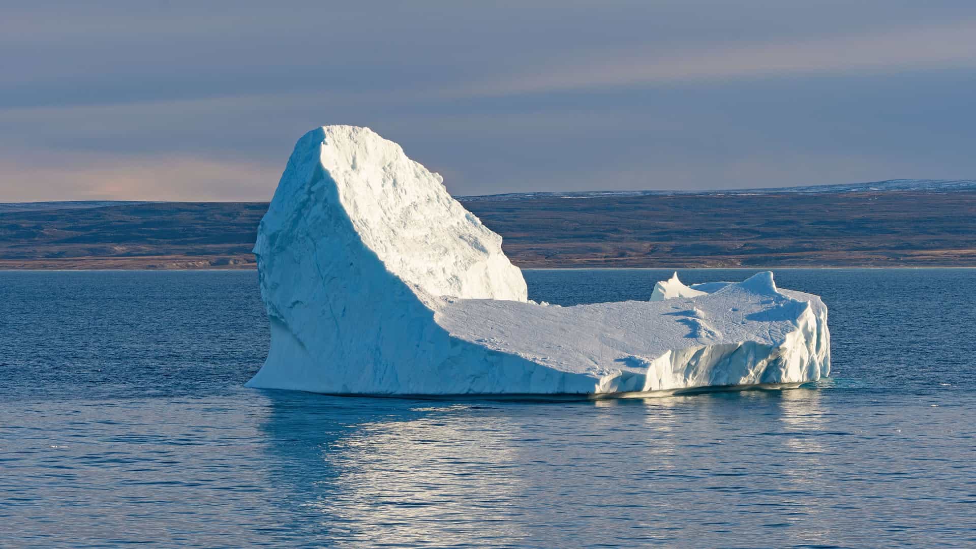 A close-up shot of a large, jagged white iceberg floating in the waters of Isabella Bay, with a distant, ice-covered shoreline in the background.