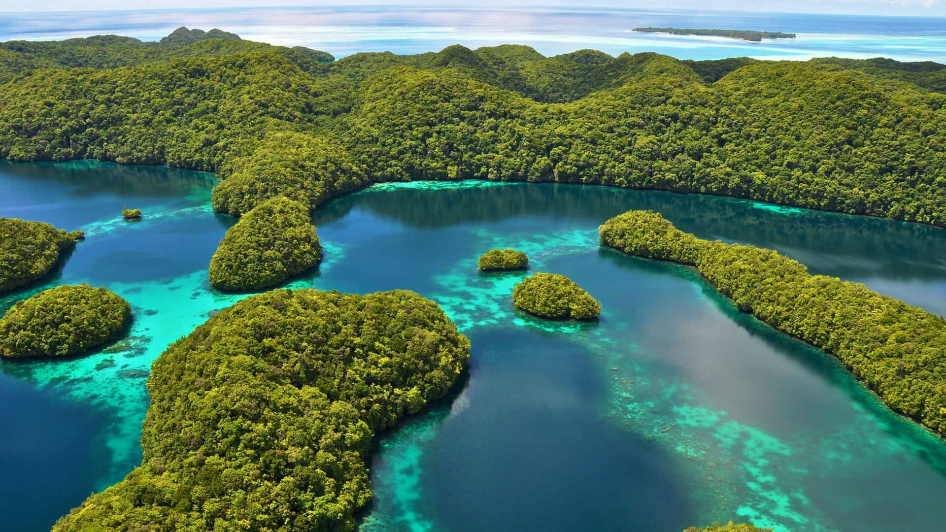 An aerial view of the famous Rock Islands of Koror, Palau, with lush green jungle islands dotting the turquoise waters of a tranquil lagoon.