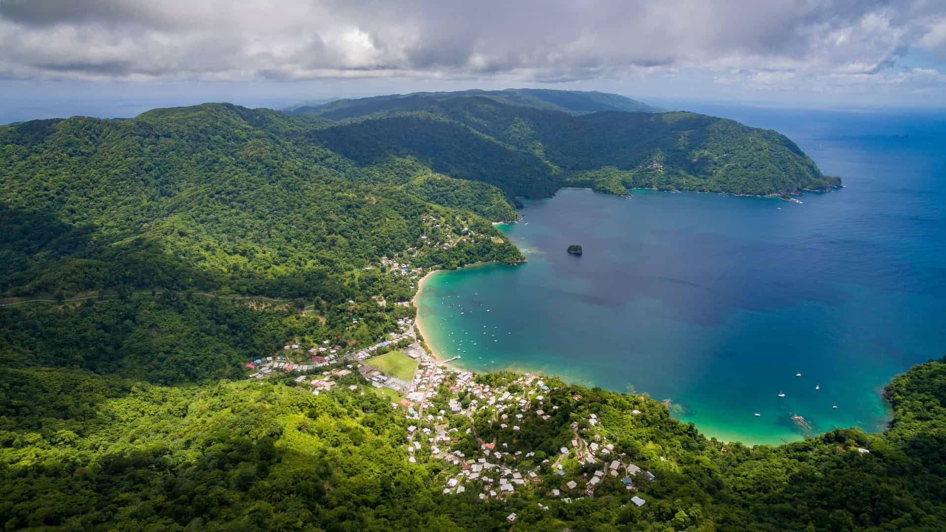 An aerial view of Man-O-War Bay in Tobago, a pristine bay surrounded by lush green hills, with a small village along the beautiful coastline.
