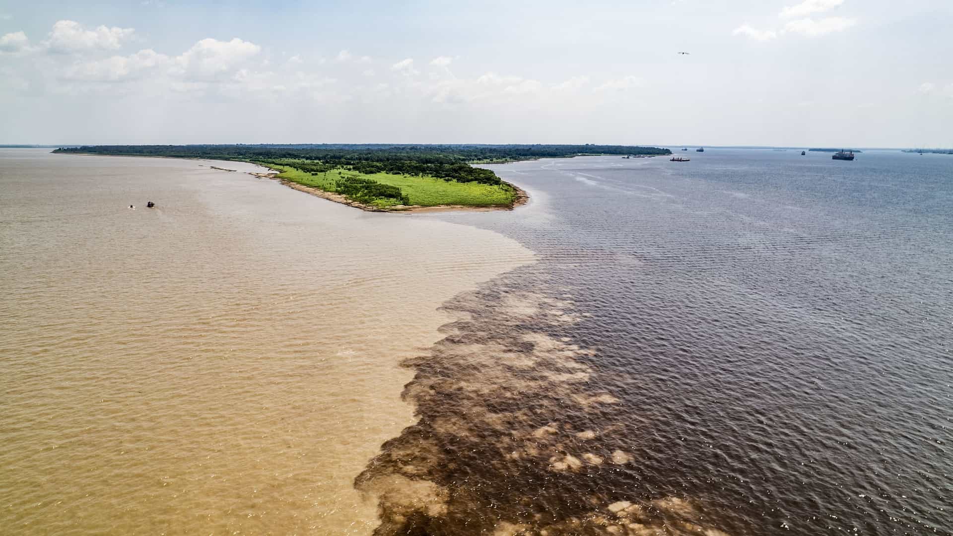An aerial view of the "Meeting of Waters" near Manaus, where the dark Rio Negro and the sandy-colored Amazon River flow side-by-side without mixing.