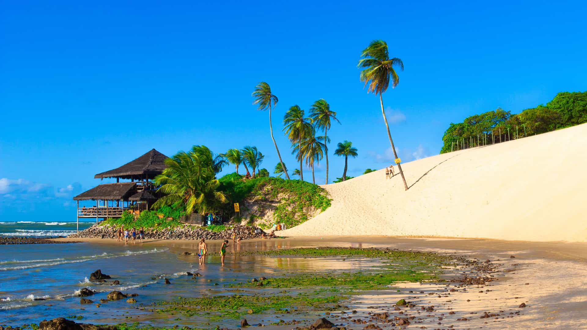 A wide-angle view of a tropical beach in Natal, Brazil, with a large white sand dune, palm trees, and a beachfront restaurant overlooking the ocean under a clear blue sky.
