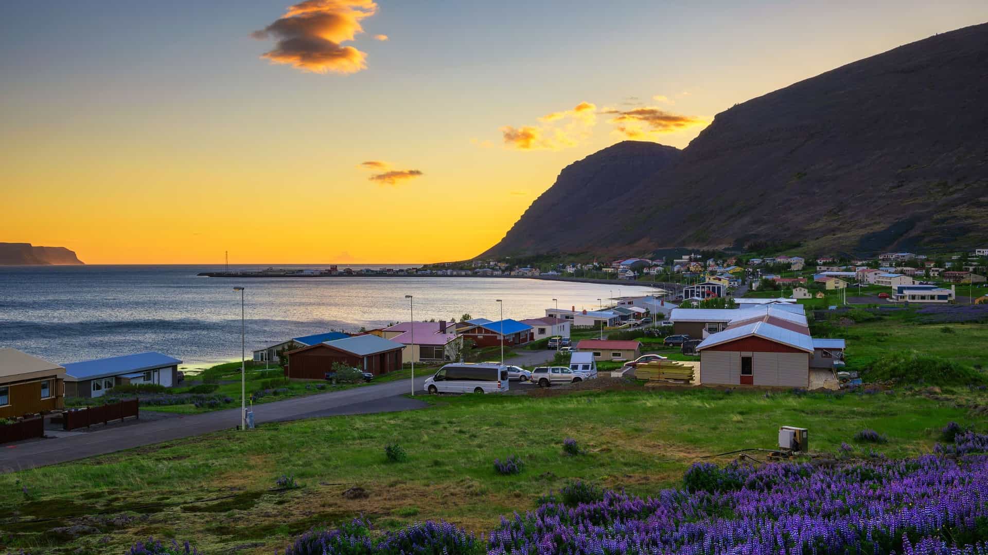 A view of the small fishing village of Patreksfjörður, Iceland, with colorful houses along the shore and a huge mountain in the background at sunset.