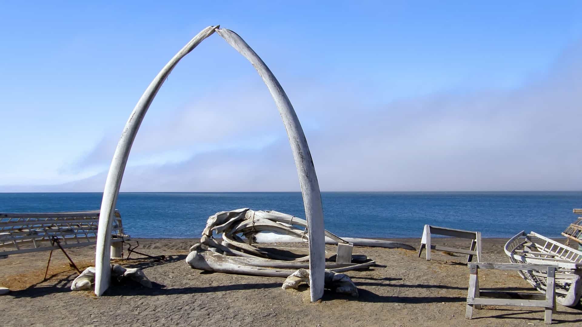 A pair of massive whale jawbones forming an arch on the sandy beach of Point Hope, Alaska, with other whale bones and an open boat nearby, overlooking the Arctic Ocean.