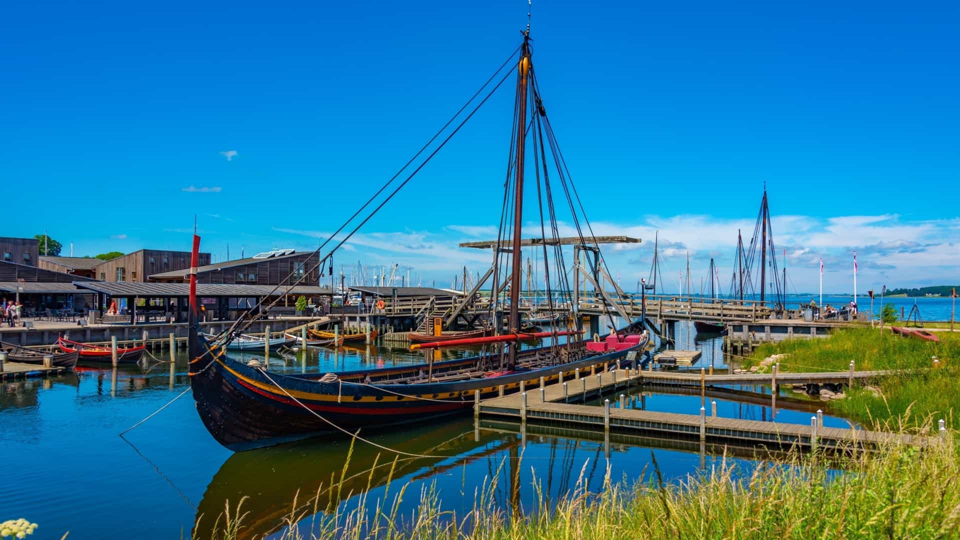 A lively harbor scene in Roskilde with traditional wooden ships, including a Viking‑style longship, docked beside modern wooden buildings, all reflected in calm water under a bright blue sky with visitors walking along the piers.