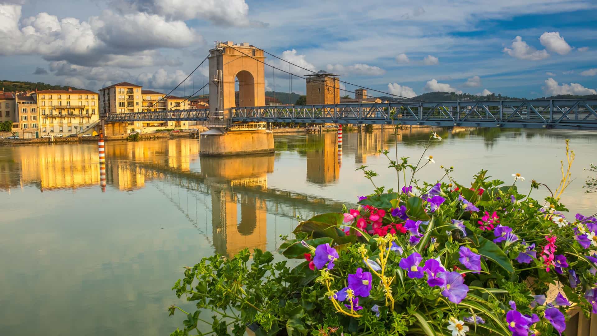 A historic suspension bridge spans a reflective river, with colorful flowers in the foreground and golden-toned waterfront buildings.