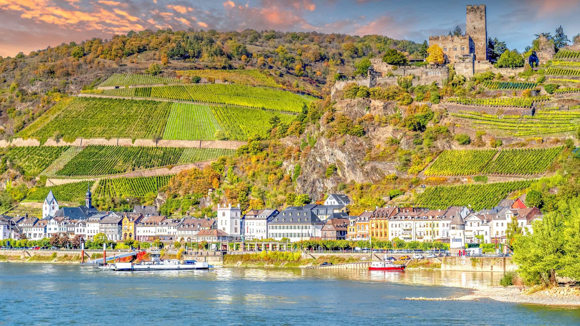 The town of Sankt Goar, Germany, sits on the Rhine River bank below steep, terraced vineyards and the ruins of Rheinfels Castle.