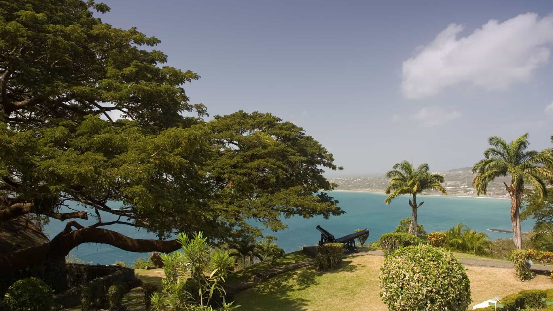 A beautiful view from Fort King George in Scarborough, Tobago, with historic cannons overlooking the Caribbean Sea and the town below, framed by lush tropical trees.