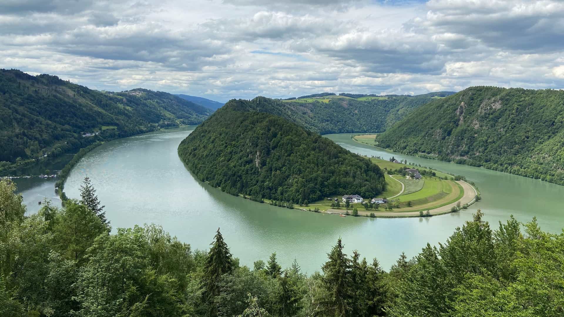 A scenic aerial view of the Schlögener Schlinge, a famous meander of the Danube River in Austria, with its dramatic horseshoe bend surrounded by lush green forested hills.
