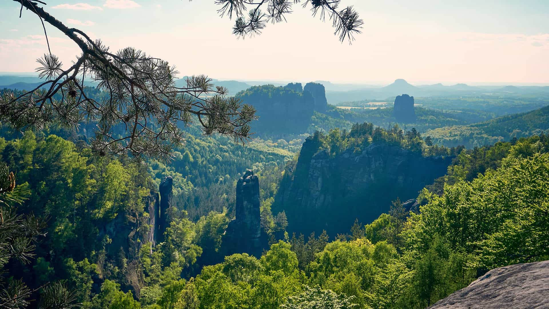 A wide-angle landscape view of the rugged, forested landscape of Schweich, Germany, with towering rock formations and lush green trees under a clear blue sky.