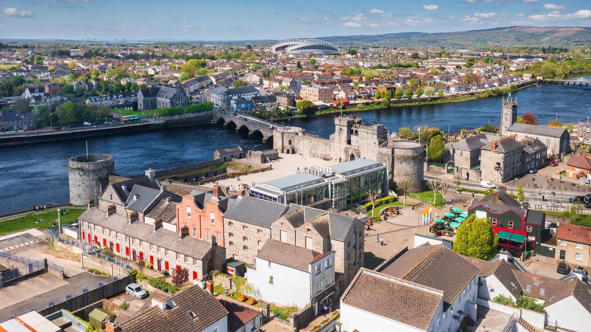 "An aerial view of the historic King John's Castle in Limerick, Ireland, a major landmark on the banks of the River Shannon.  "