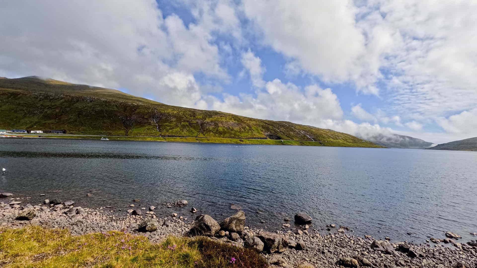 A panoramic view of Sorvagur, Faroe Islands, with a serene blue lake surrounded by rolling green hills, a rocky shoreline in the foreground, and a beautiful cloudy sky.
