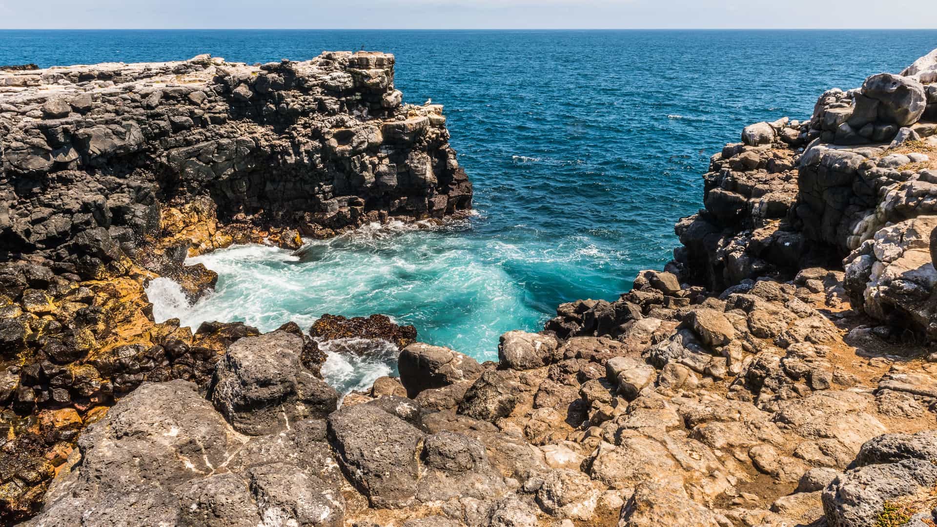 A scenic view of the rugged, volcanic shoreline of South Plaza Island in the Galapagos, with the deep blue Pacific Ocean crashing against the dark rocks.