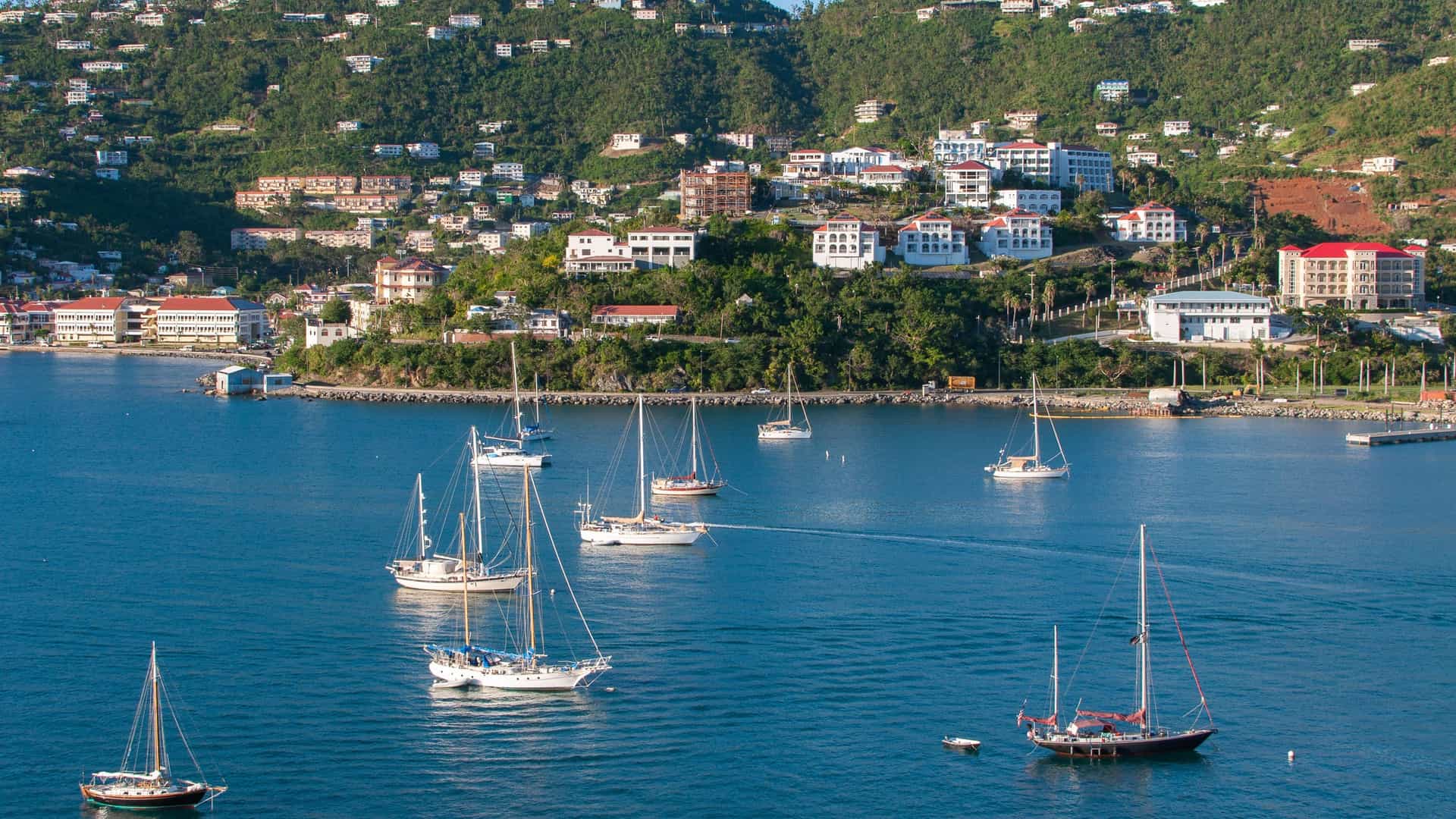 A wide-angle view of the bustling harbor of Charlotte Amalie, St. Thomas, with many sailboats and yachts docked in the tranquil blue water, and the town's buildings climbing the lush green hills.