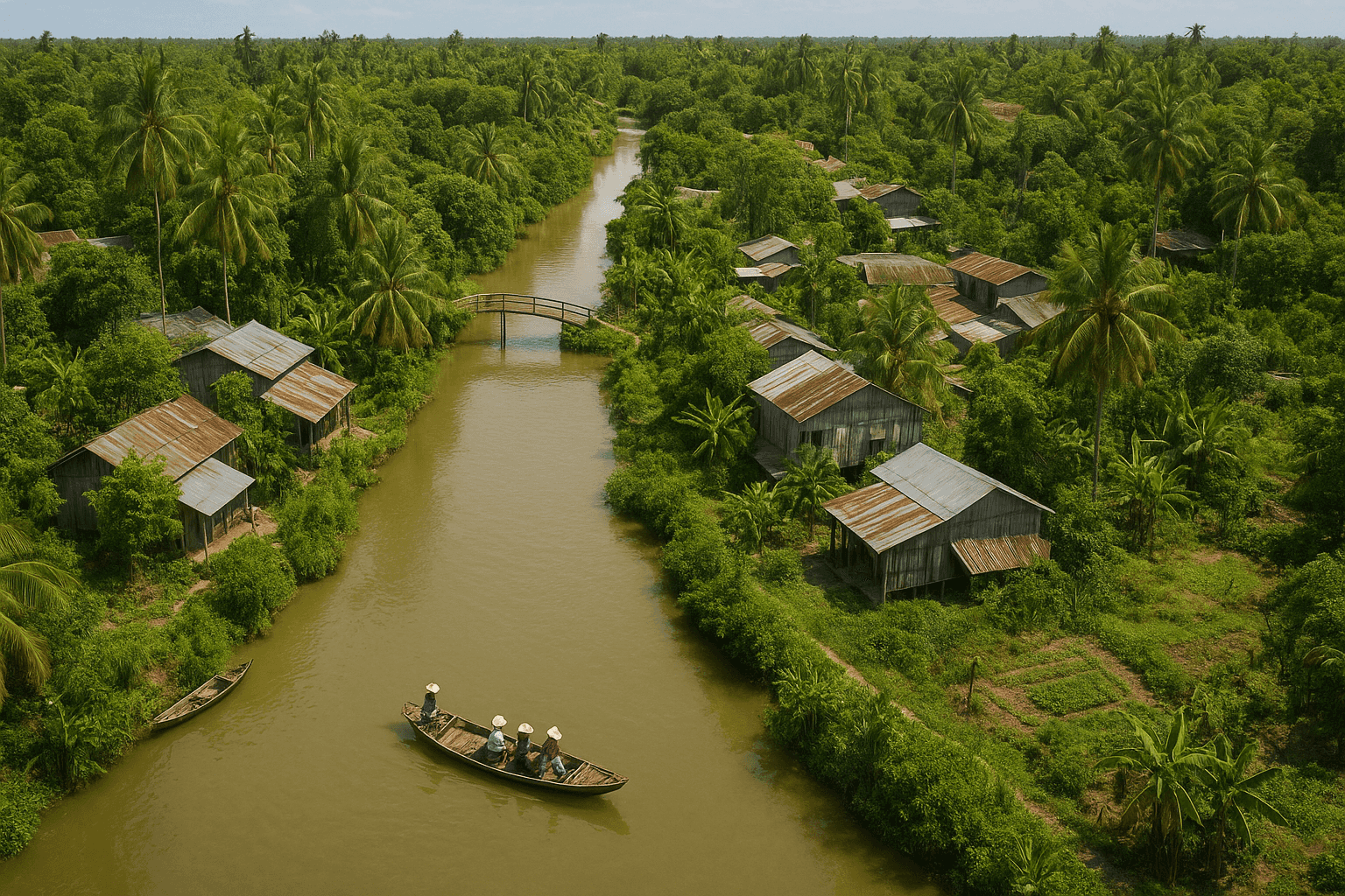A boat with passengers in traditional hats travels down a river in Tien Loi, Vietnam, with rustic houses and dense palm trees along the banks.