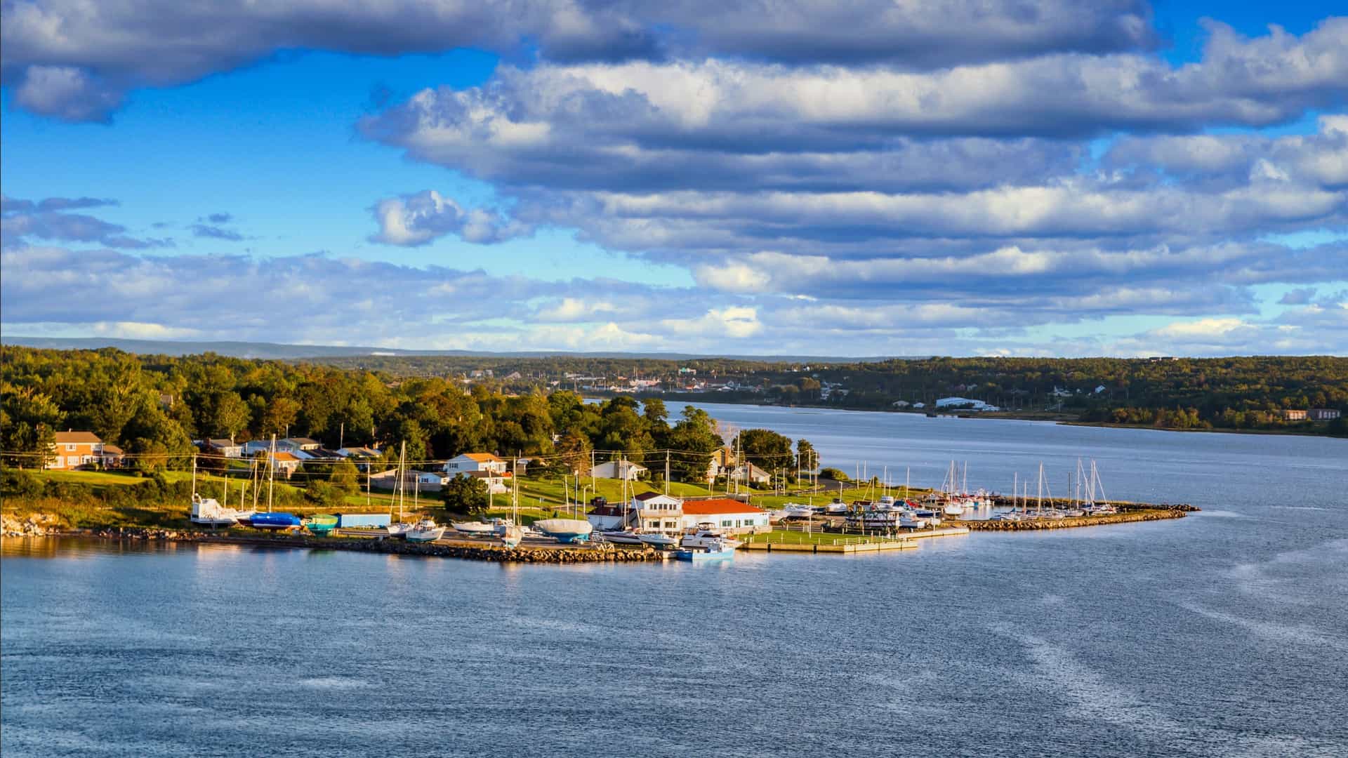 A small waterfront community and marina on Tusket Island, Nova Scotia, surrounded by dense green trees and calm water.