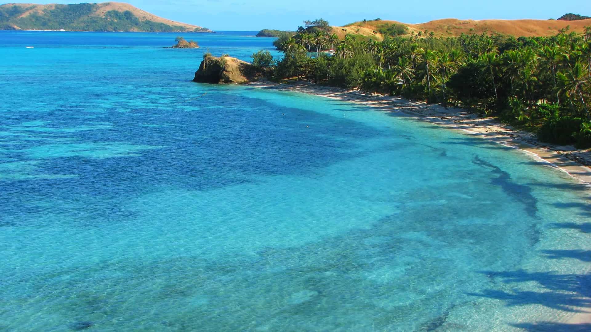 A high-angle view of a serene white sand beach in the Yasawa Islands, Fiji, with palm trees, crystal-clear turquoise water, and a small rocky island in the distance.