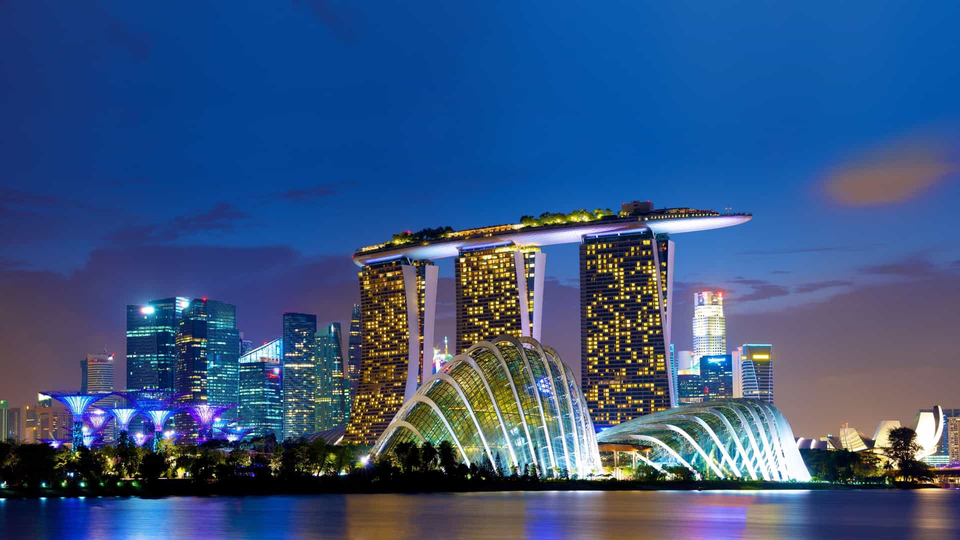 Marina Bay Sands, ArtScience Museum, and Supertrees illuminated at night, a Princess Cruises Southeast Asia destination.