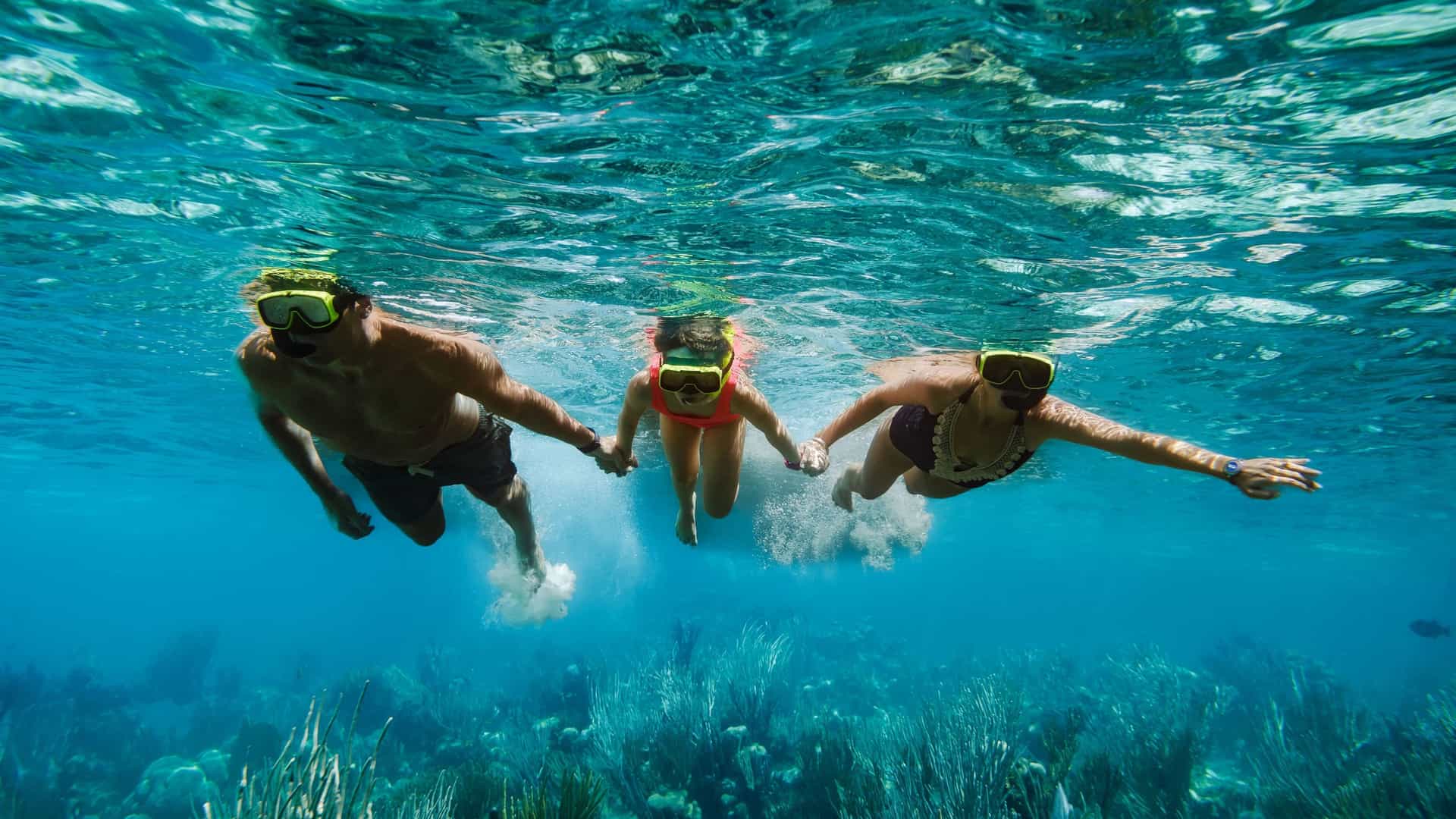 A family snorkels together over a vibrant coral reef in the clear turquoise waters of Grand Cayman, a popular shore excursion on a Princess Cruises Western Caribbean itinerary.