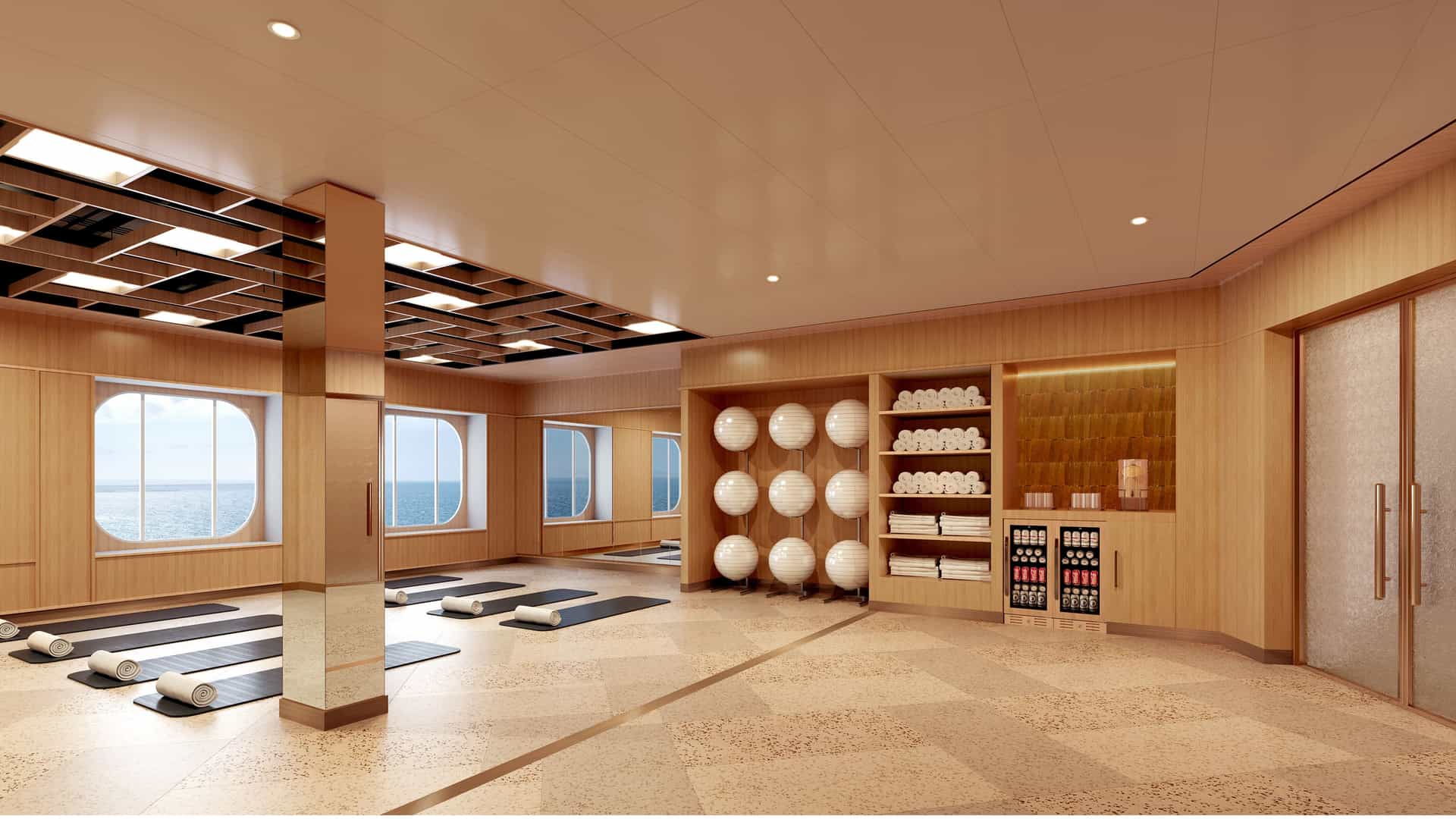 The yoga studio in the Serene Spa & Wellness Fitness Centre onboard Regent's Seven Seas Prestige.