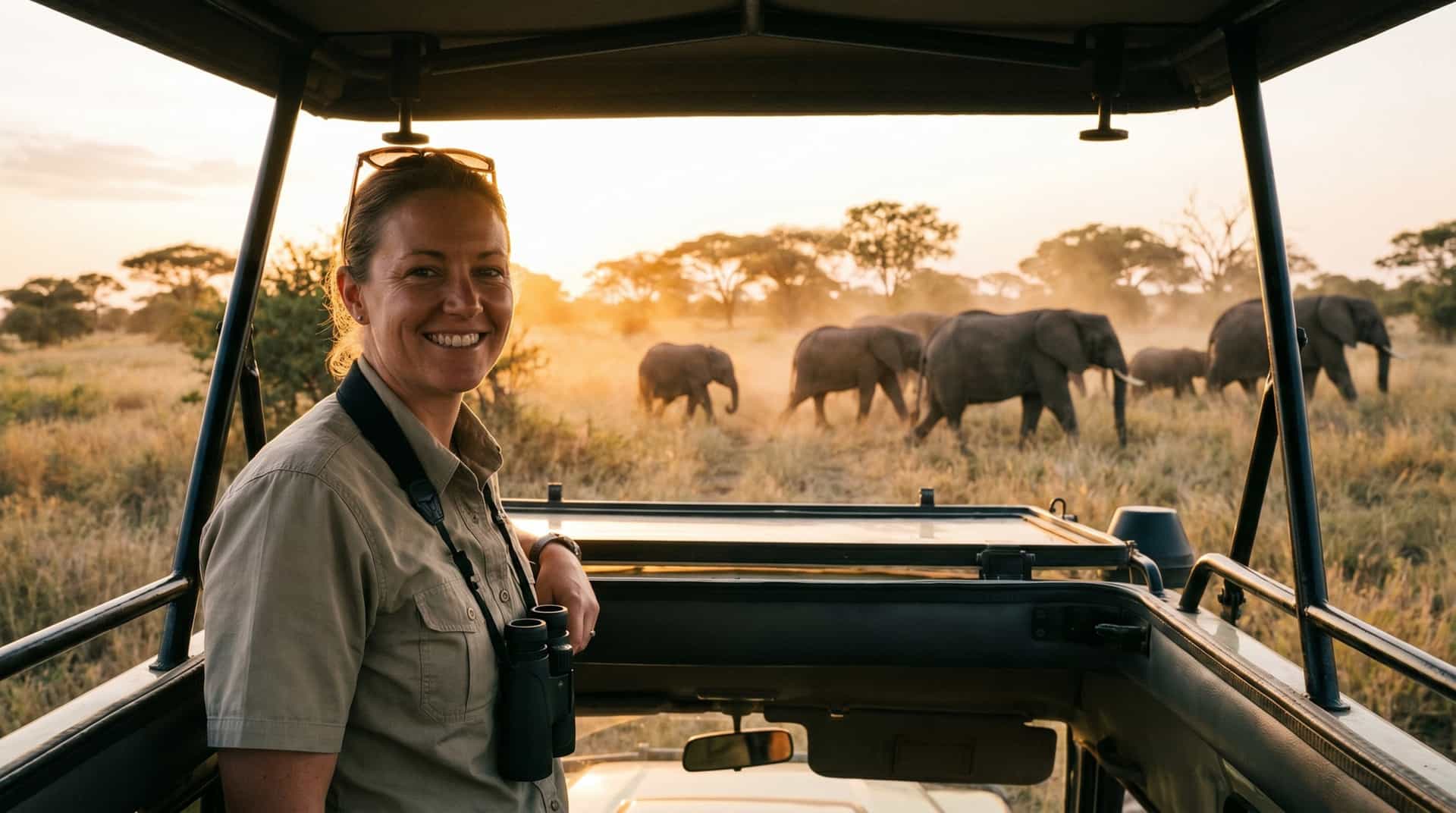 A smiling tour guide with binoculars stands in an open-top safari vehicle as a herd of elephants walks through the savanna at sunset.