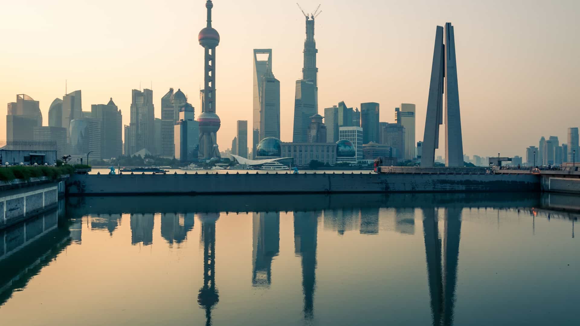 Shanghai Pudong skyline reflected in the Huangpu River.