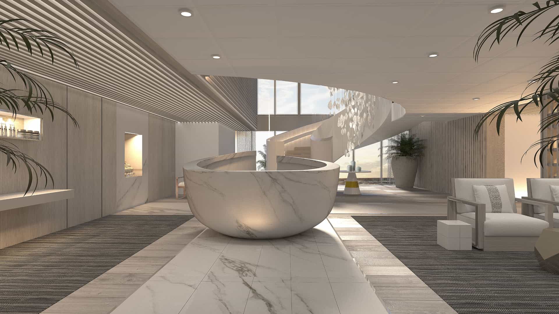 The welcome desk and lobby in the spa on Celebrity Edge.
