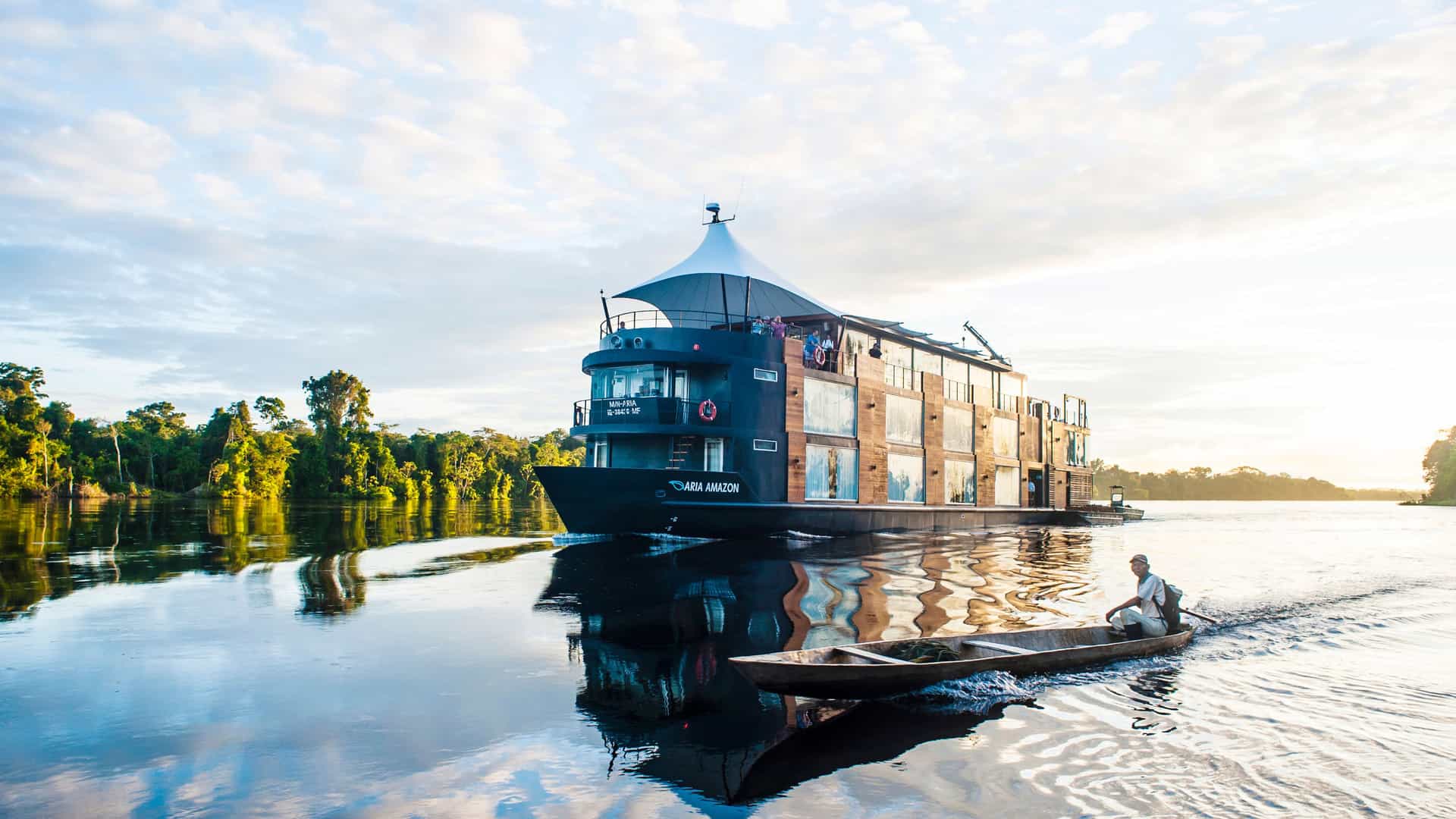 Uniworld's Aria Amazon river ship sailing in Peru.
