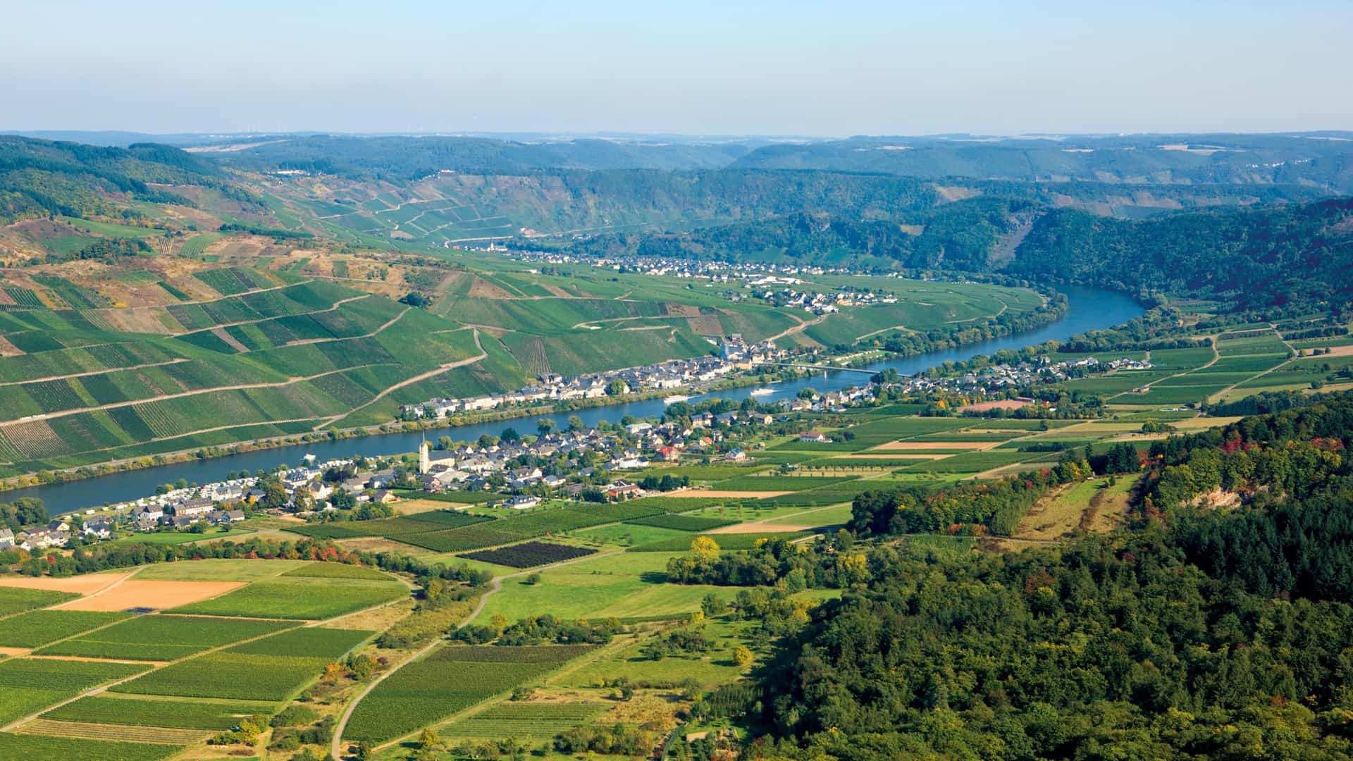 A Uniworld River Queen cruise ship sails on the Moselle River, with rolling hills, vineyards, and a historic stone building on the riverbank under a blue sky, capturing a classic European river cruise scene.