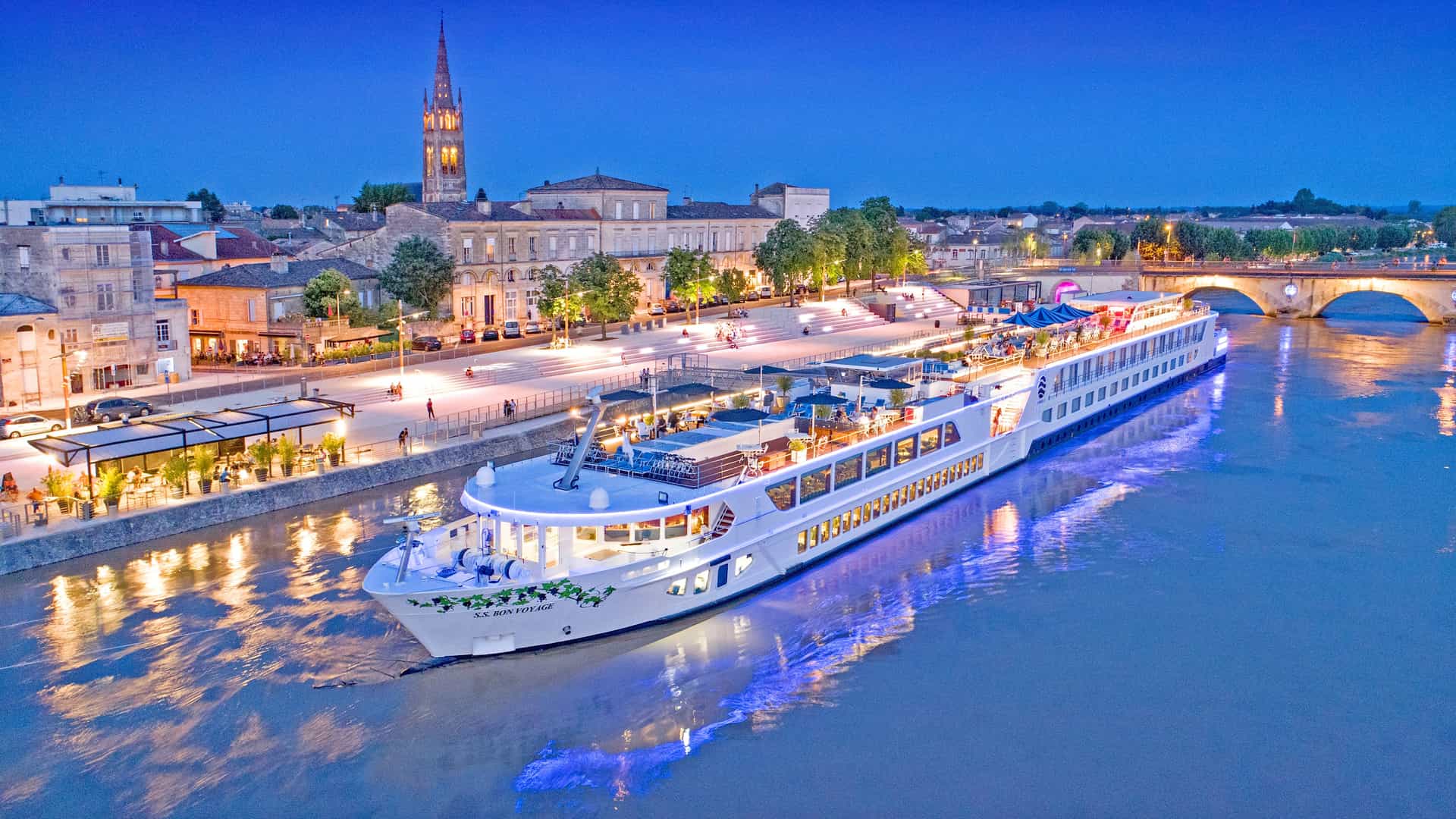 Uniworld's S.S. Bon Voyage docked in Europe.