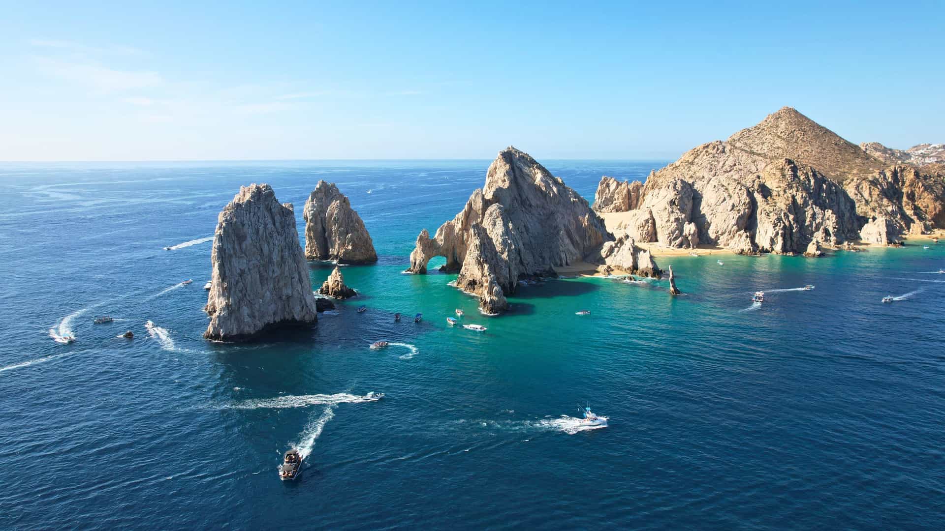An aerial view of El Arco, the famous rock archway, in Cabo San Lucas, Mexico, a popular destination for Viking Ocean cruises.